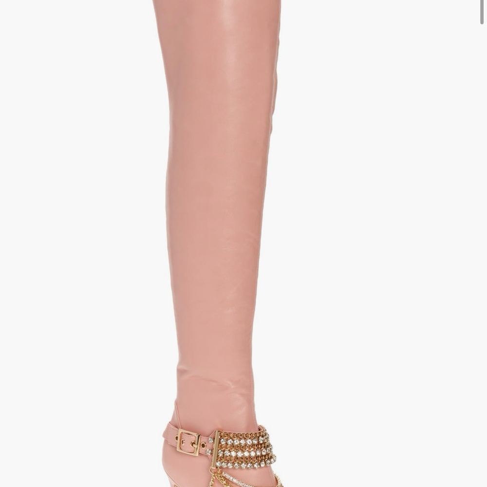 NWT Jeffrey Campbell Pink Patent Over-the-Knee Boots w/ Gold Chain Detail—Size 6